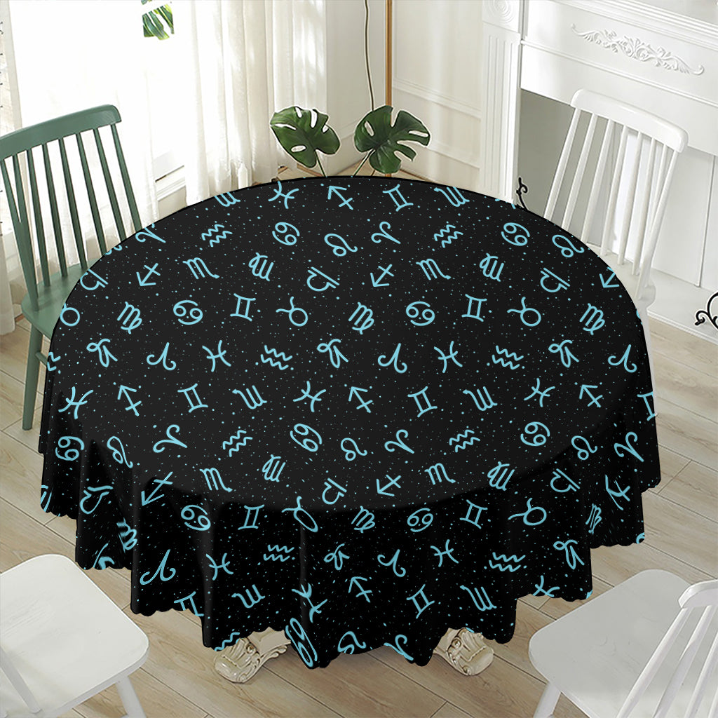 Blue Zodiac Symbols Pattern Print Waterproof Round Tablecloth