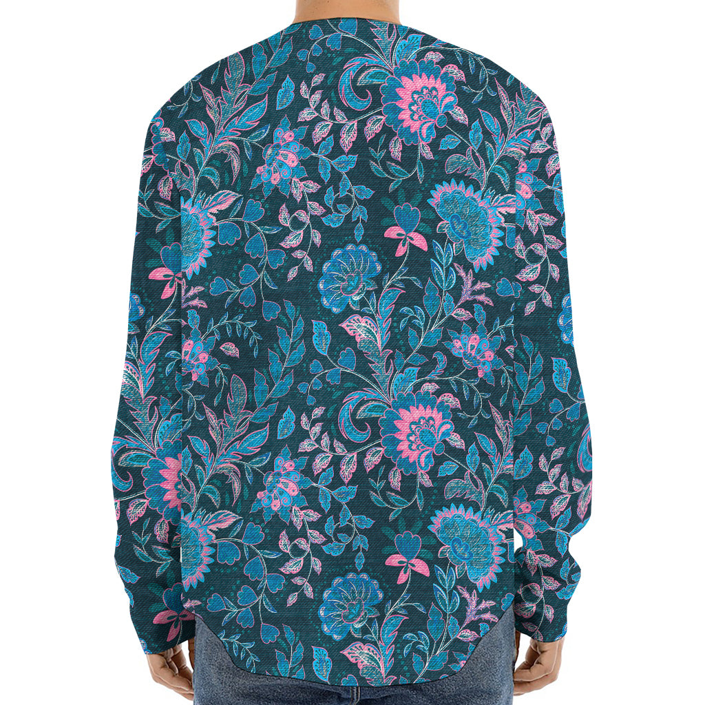 Bohemian Denim Jeans Pattern Print Long Sleeve Baseball Jersey