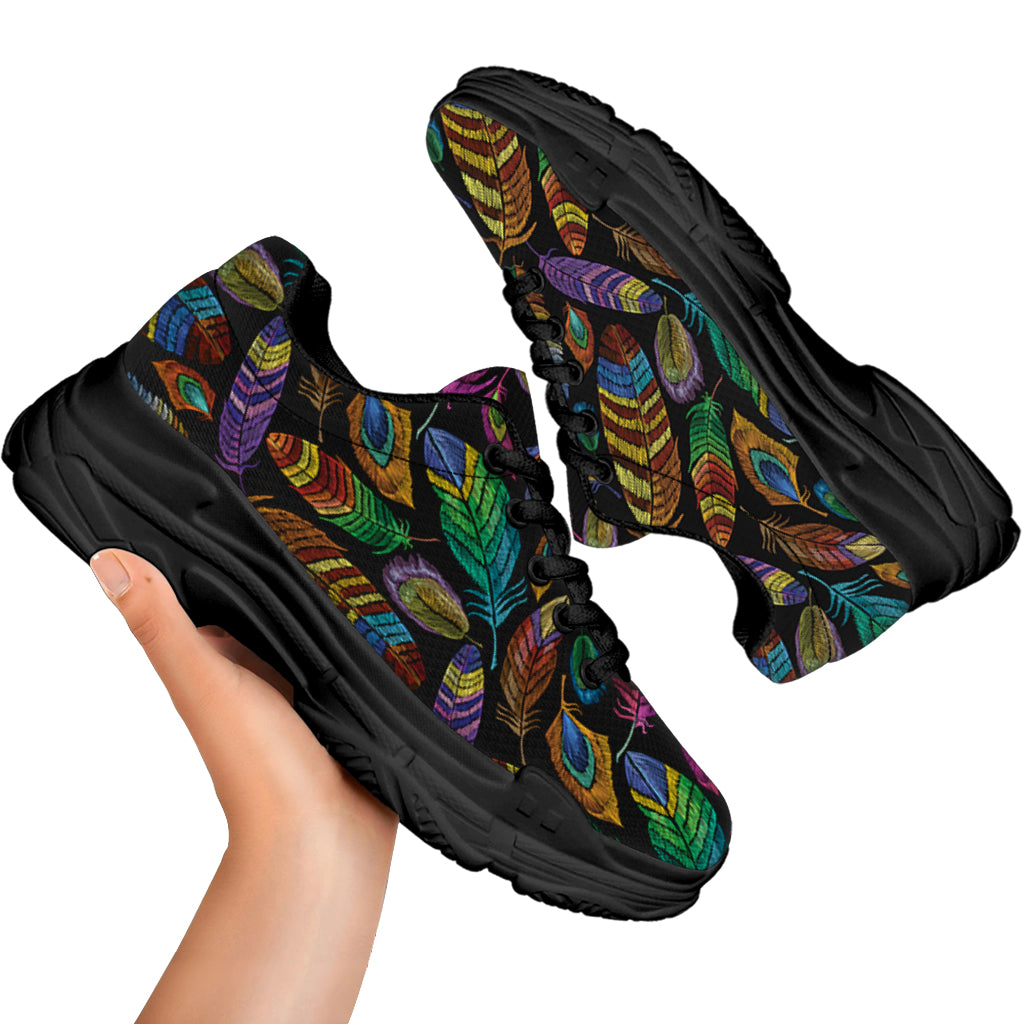 Bohemian Feather Pattern Print Black Chunky Shoes