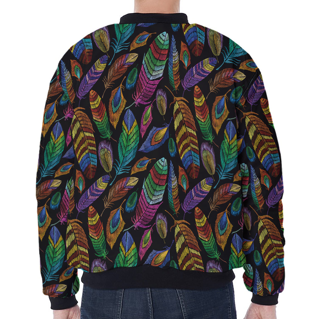 Bohemian Feather Pattern Print Zip Sleeve Bomber Jacket