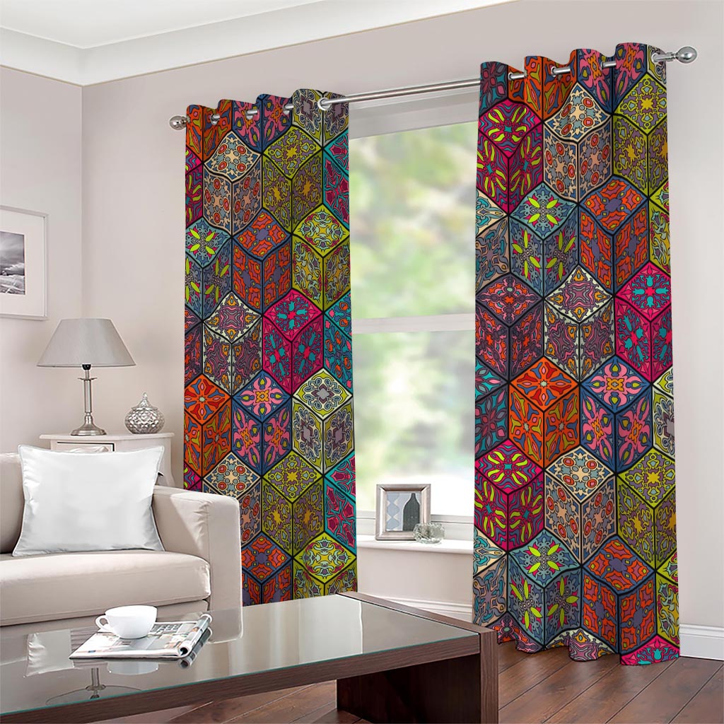 Bohemian Indian Box Pattern Print Extra Wide Grommet Curtains