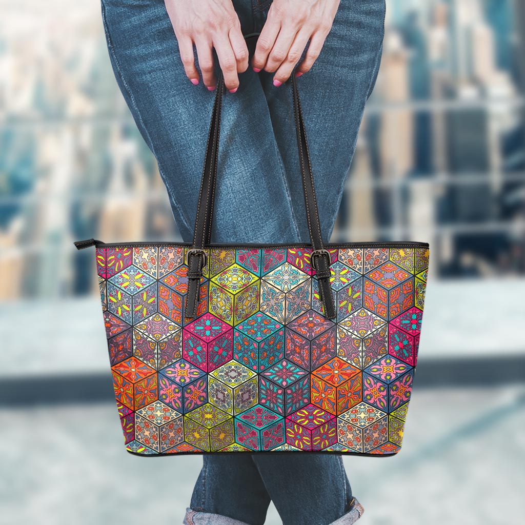 Bohemian Indian Box Pattern Print Leather Tote Bag