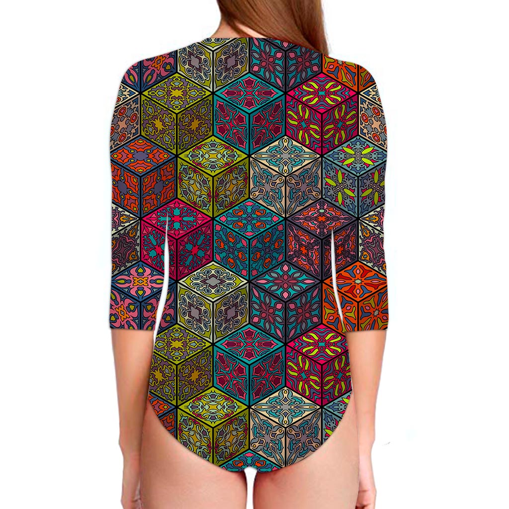Bohemian Indian Box Pattern Print Long Sleeve Swimsuit