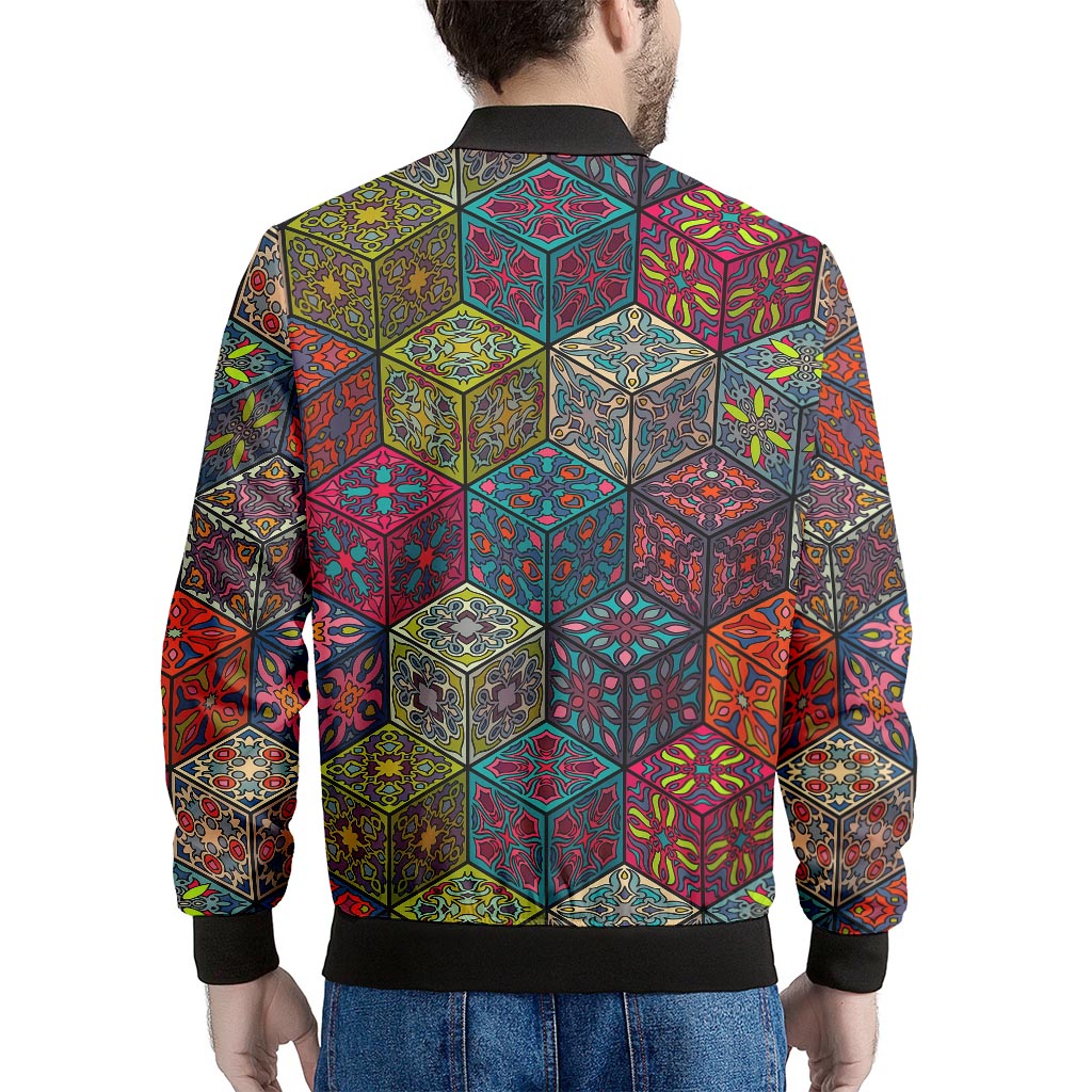 Bohemian Indian Box Pattern Print Men's Bomber Jacket