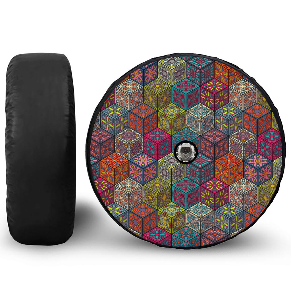 Bohemian Indian Box Pattern Print Tire Cover With Camera Hole