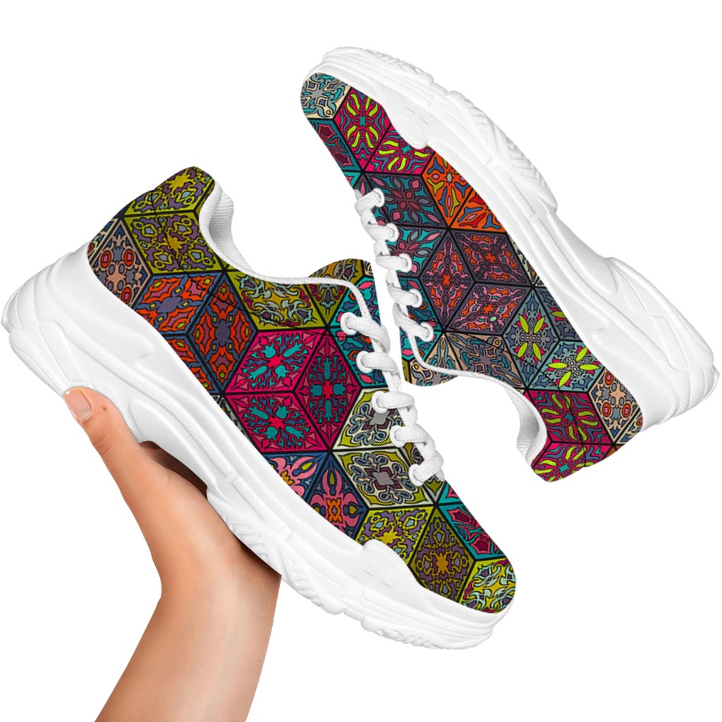 Bohemian Indian Box Pattern Print White Chunky Shoes