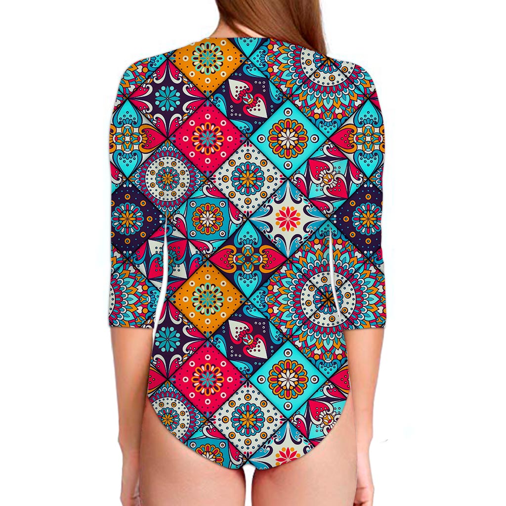 Bohemian Indian Mandala Patchwork Print Long Sleeve Swimsuit
