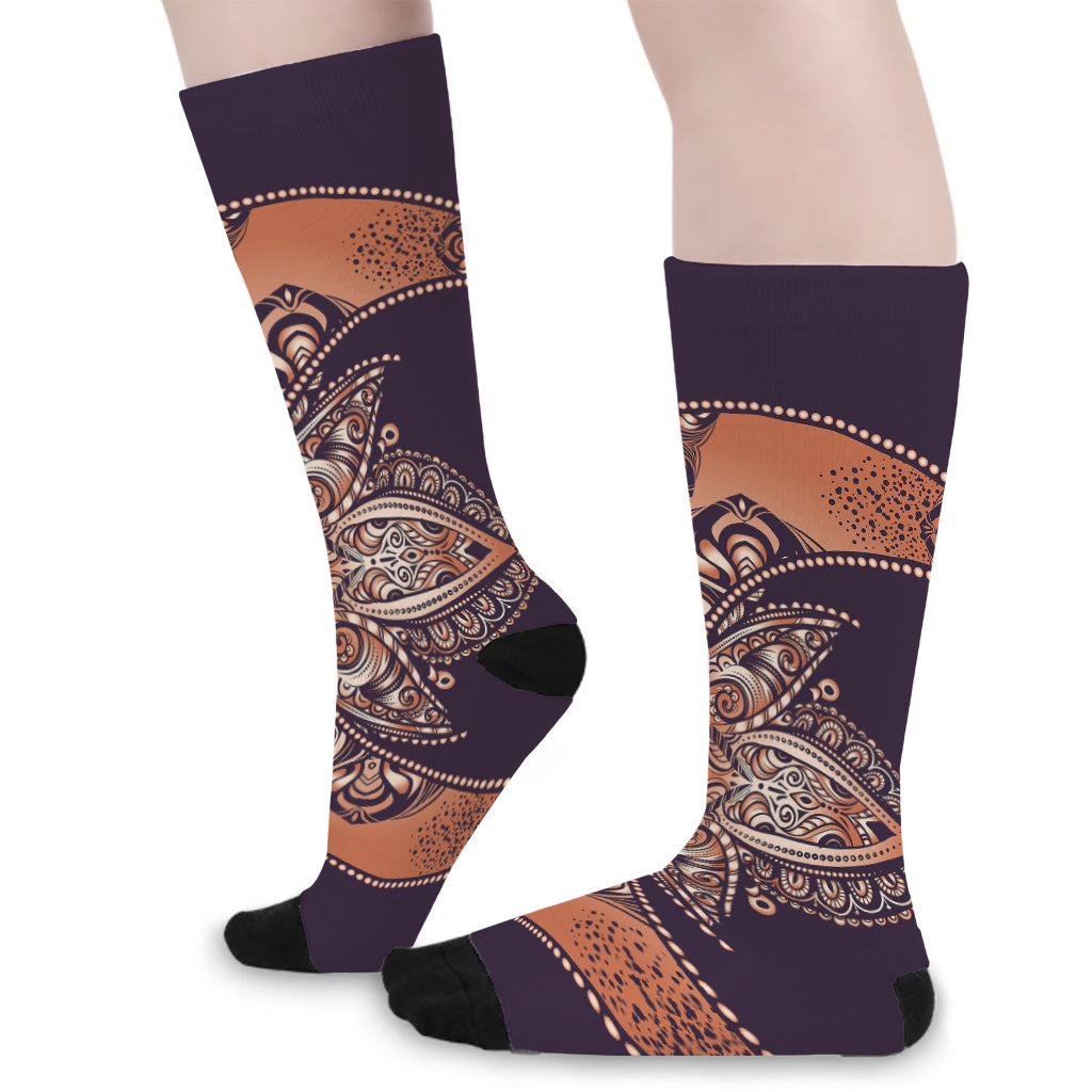 Bohemian Moon And Sun Print Long Socks