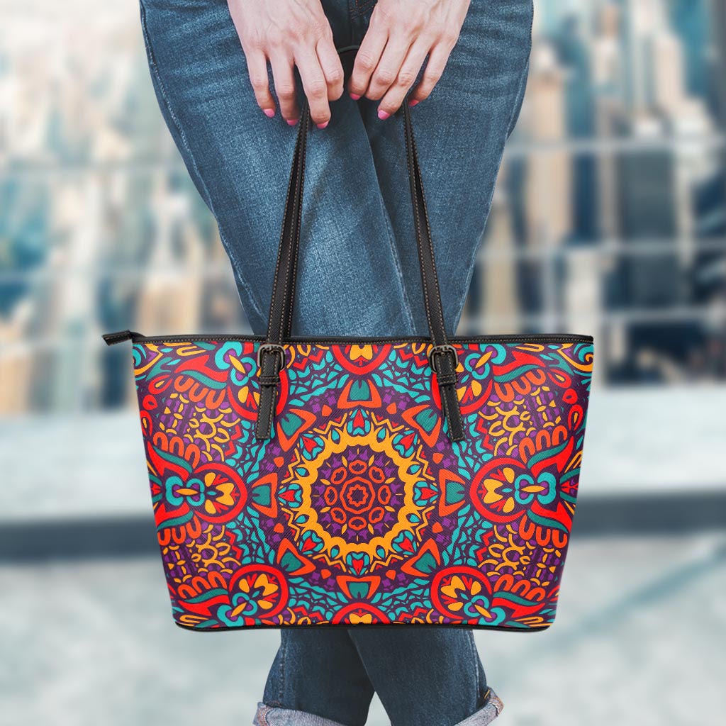 Bohemian Native Mandala Pattern Print Leather Tote Bag