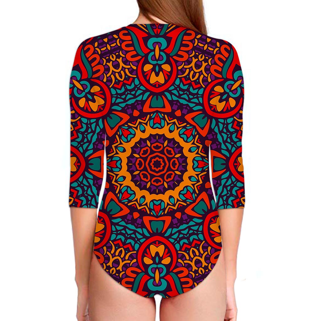 Bohemian Native Mandala Pattern Print Long Sleeve Swimsuit
