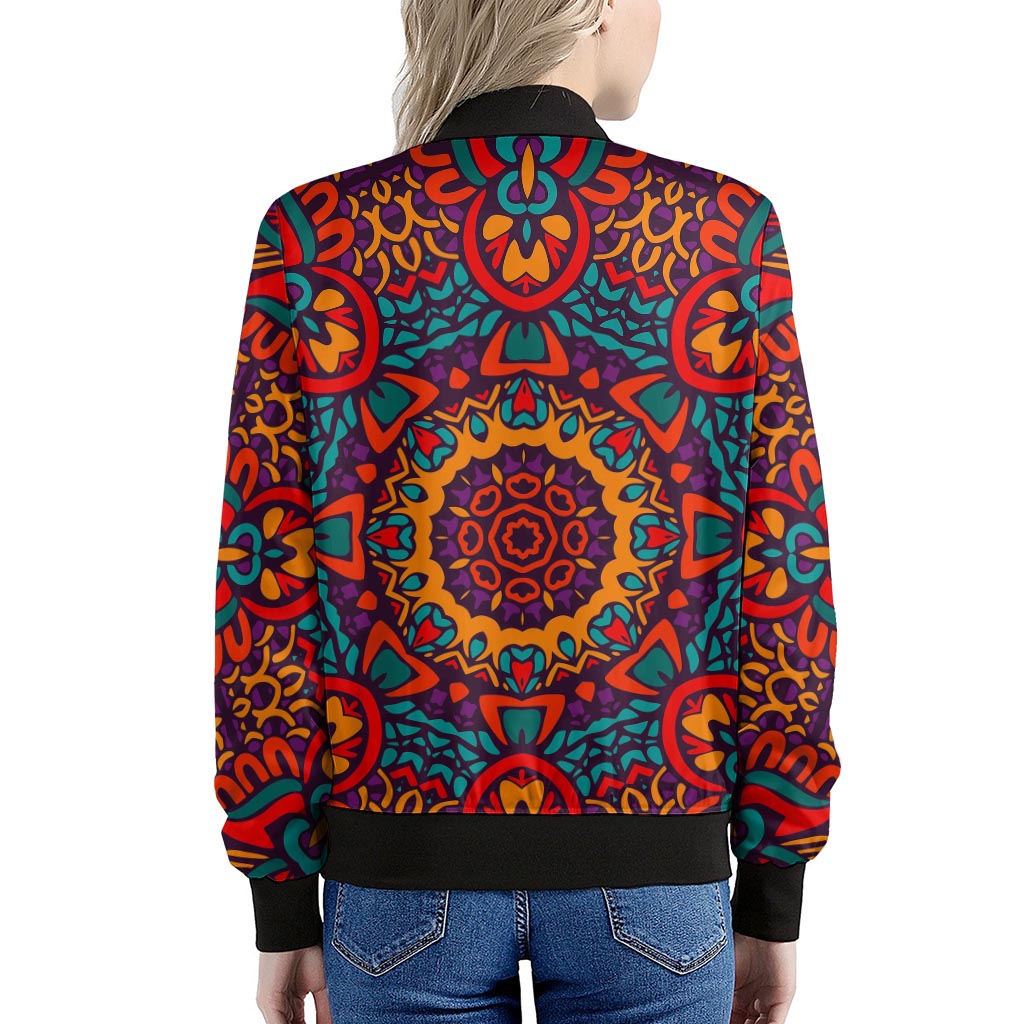Bohemian Native Mandala Pattern Print Women's Bomber Jacket