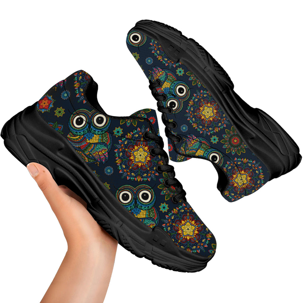 Bohemian Owl Pattern Print Black Chunky Shoes