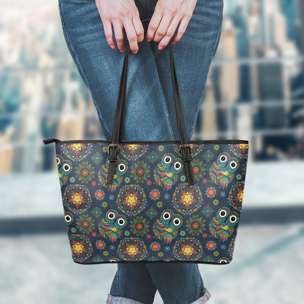 Bohemian Owl Pattern Print Leather Tote Bag