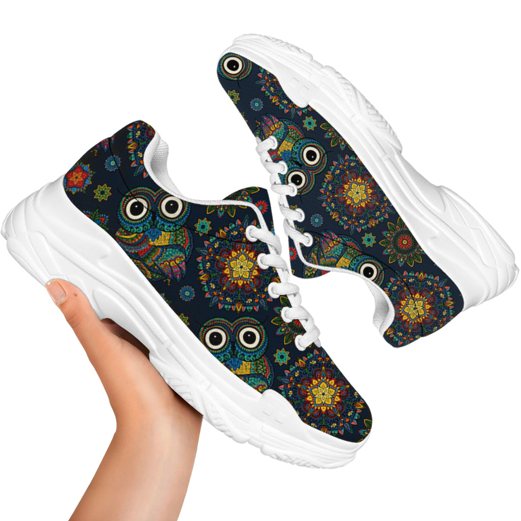 Bohemian Owl Pattern Print White Chunky Shoes