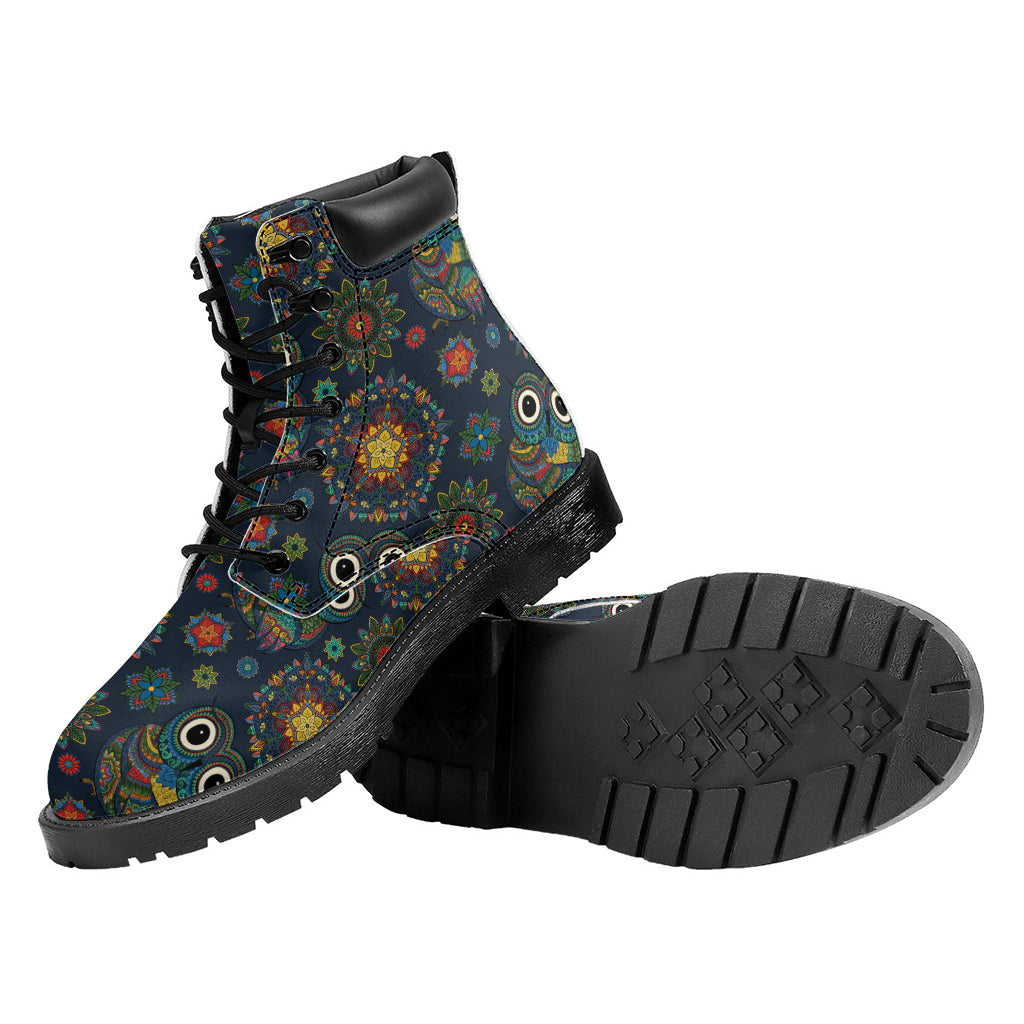 Bohemian Owl Pattern Print Work Boots