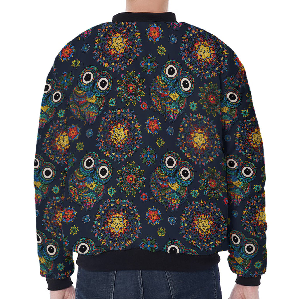 Bohemian Owl Pattern Print Zip Sleeve Bomber Jacket