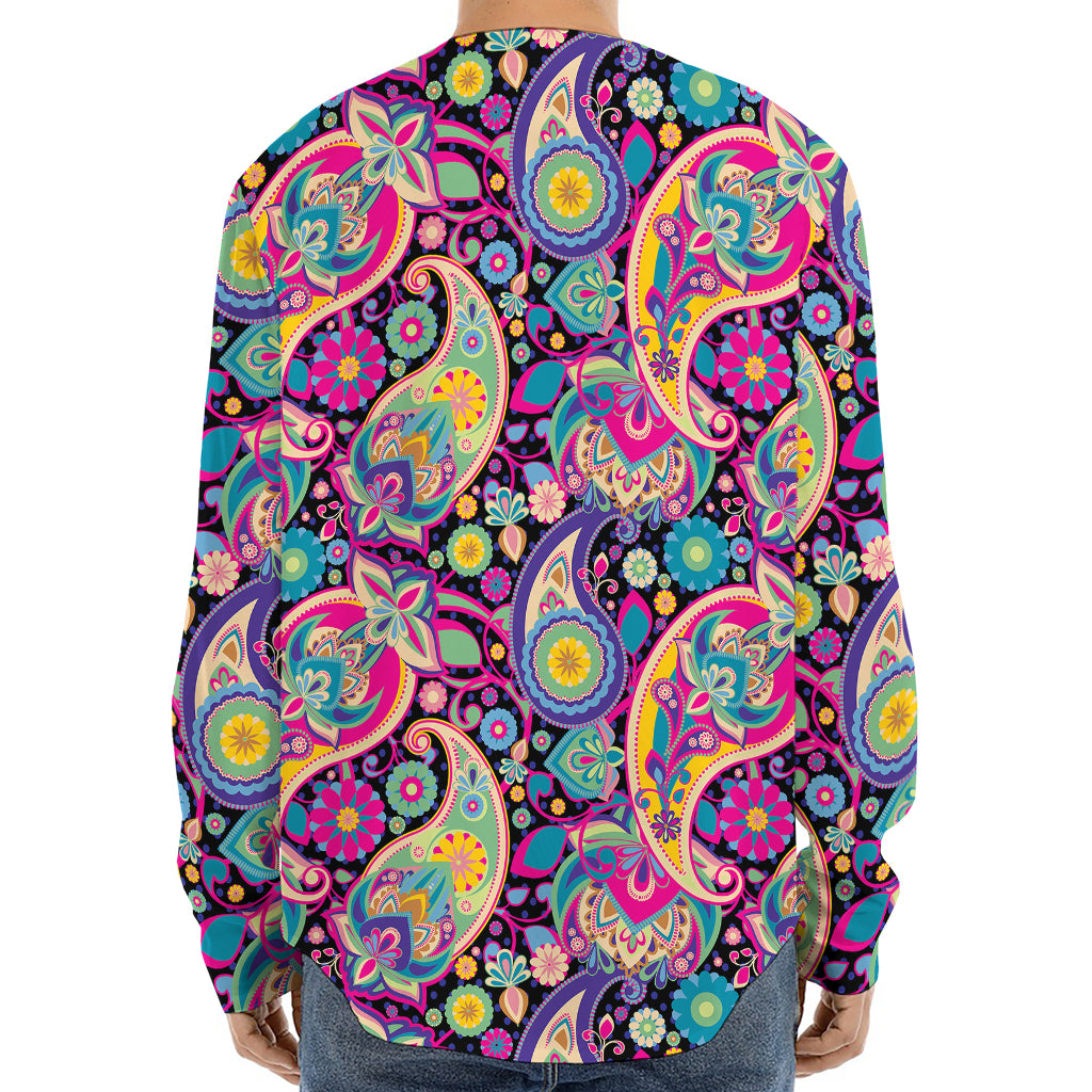 Bohemian Paisley Pattern Print Long Sleeve Baseball Jersey