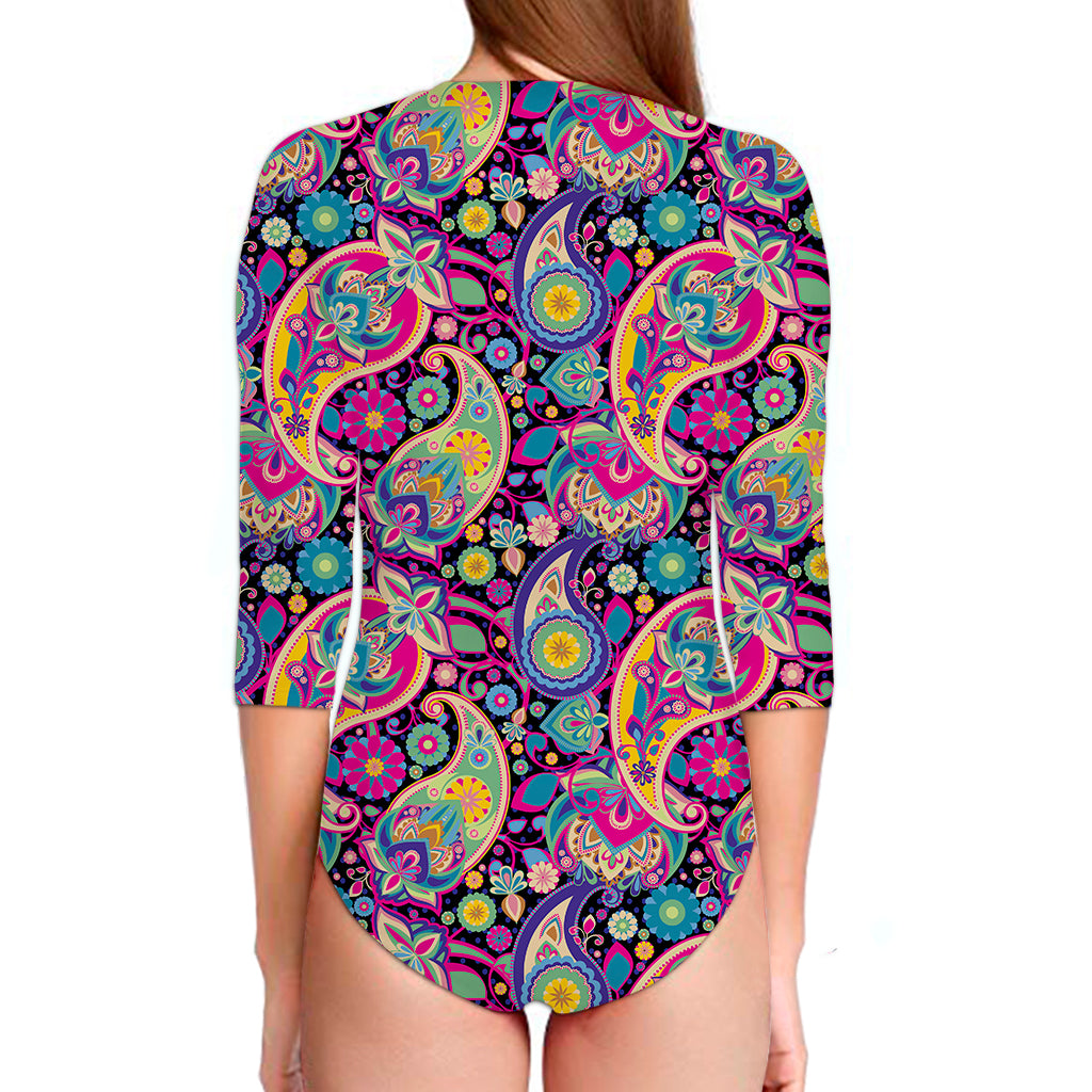 Bohemian Paisley Pattern Print Long Sleeve Swimsuit
