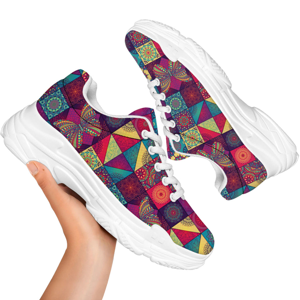 Bohemian Patchwork Pattern Print White Chunky Shoes