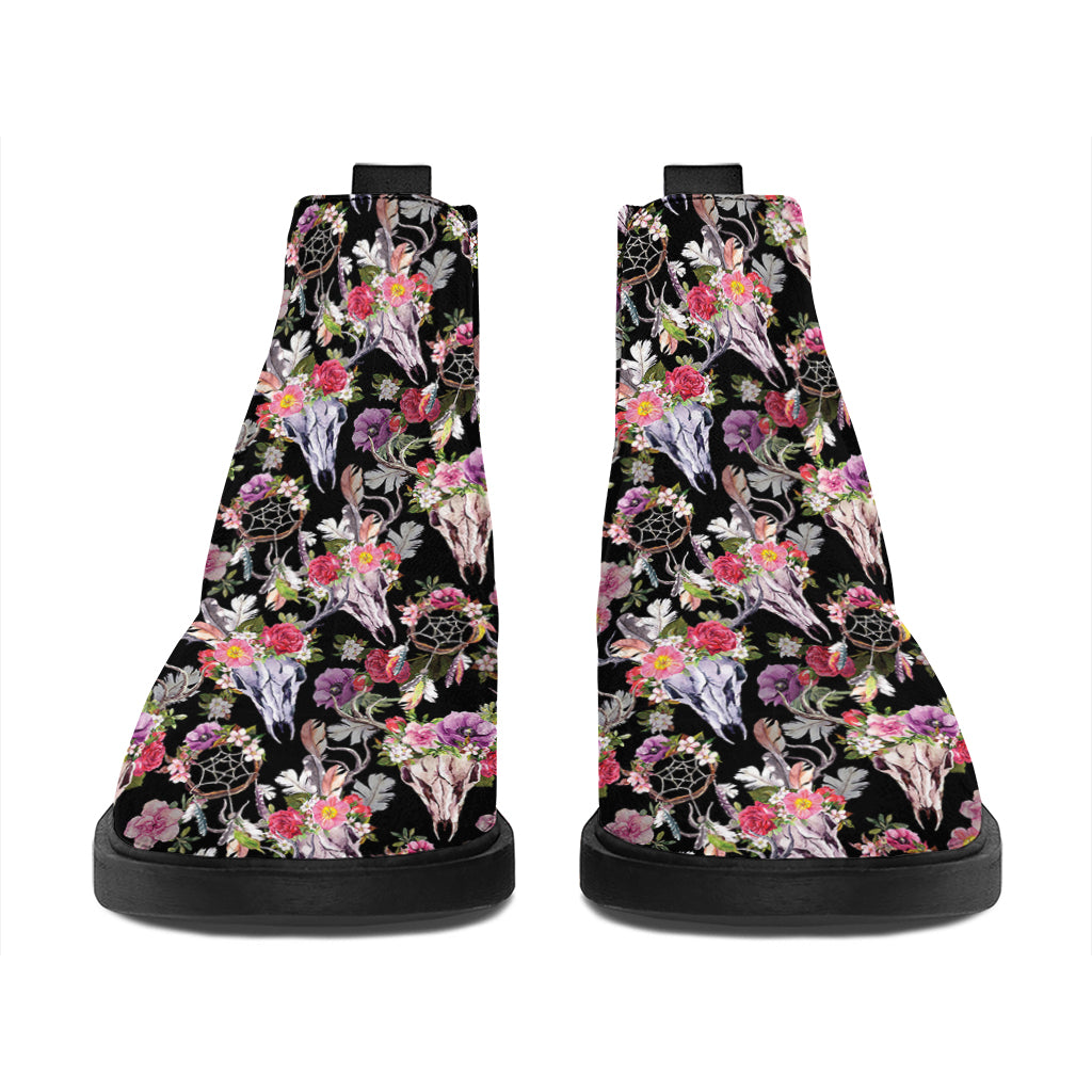 Boho Deer Skull Pattern Print Flat Ankle Boots