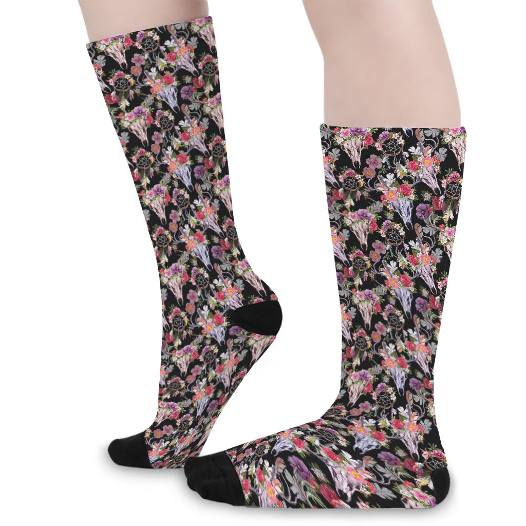 Boho Deer Skull Pattern Print Long Socks