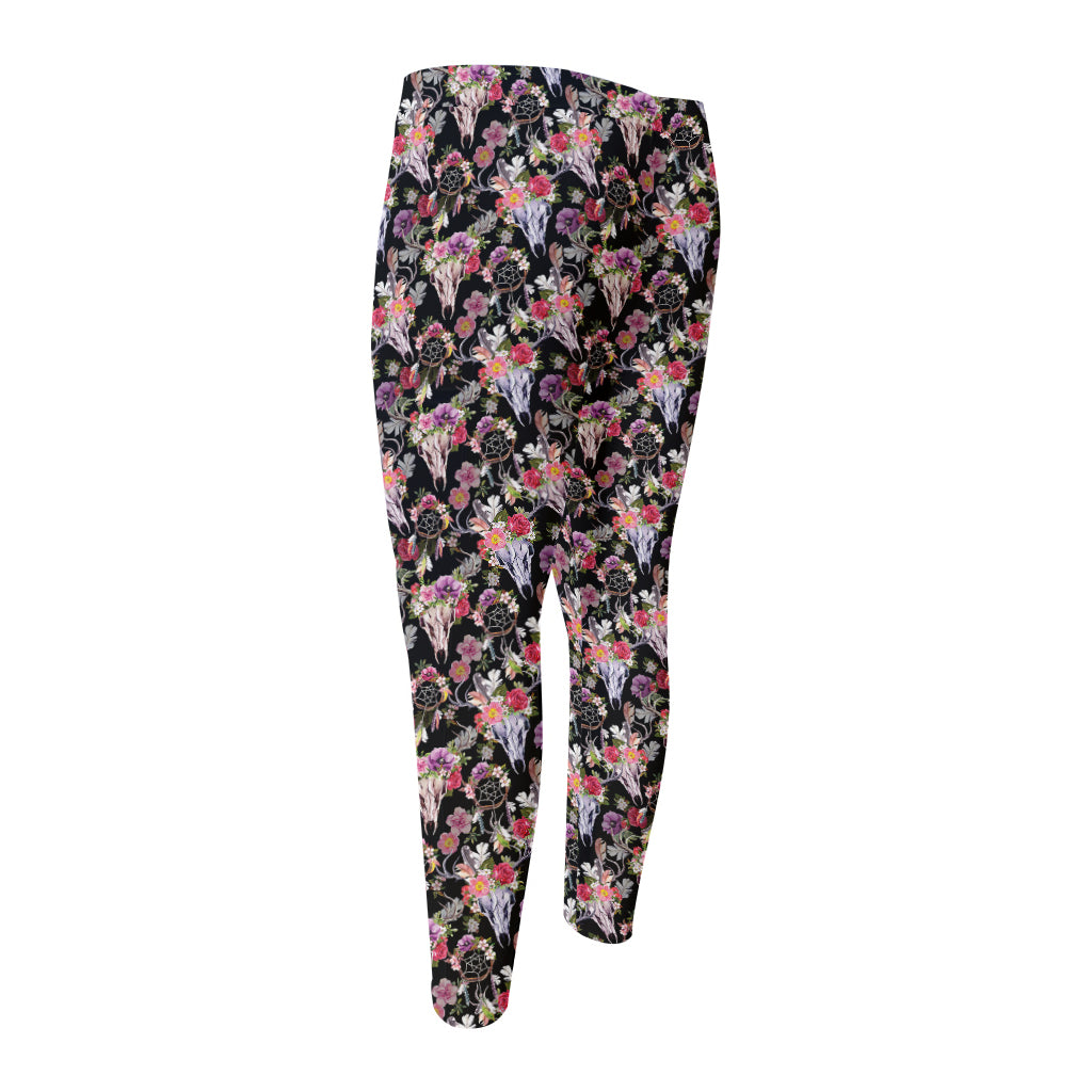 Boho Deer Skull Pattern Print Men's Compression Pants
