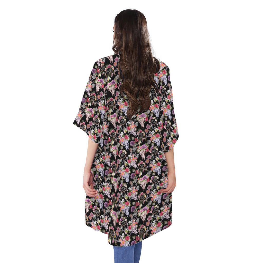 Boho Deer Skull Pattern Print Open Front Beach Cover Up