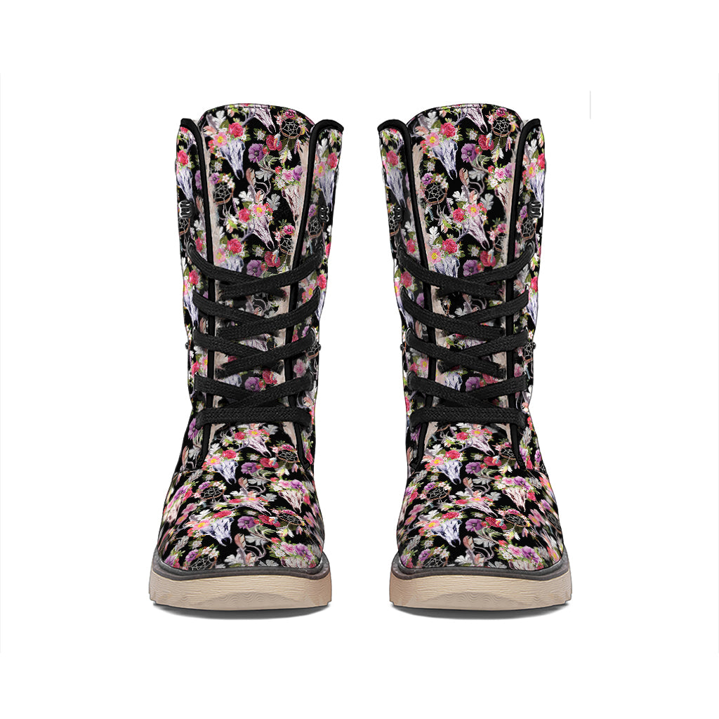 Boho Deer Skull Pattern Print Winter Boots