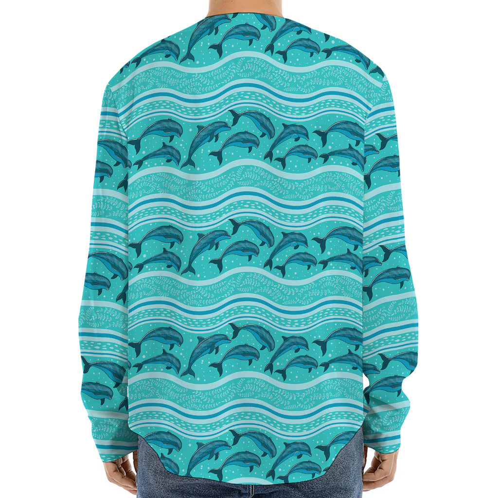 Boho Dolphin Pattern Print Long Sleeve Baseball Jersey