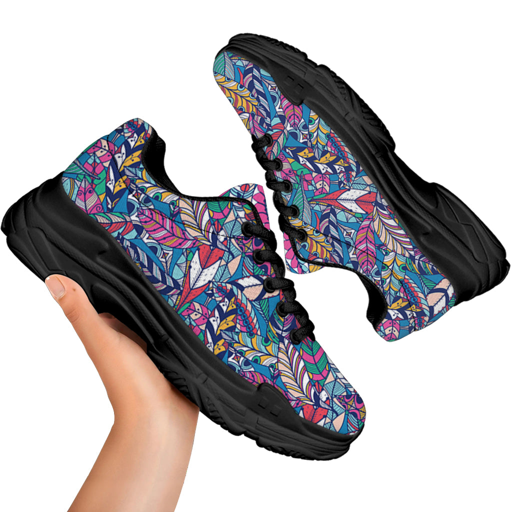 Boho Feather Pattern Print Black Chunky Shoes
