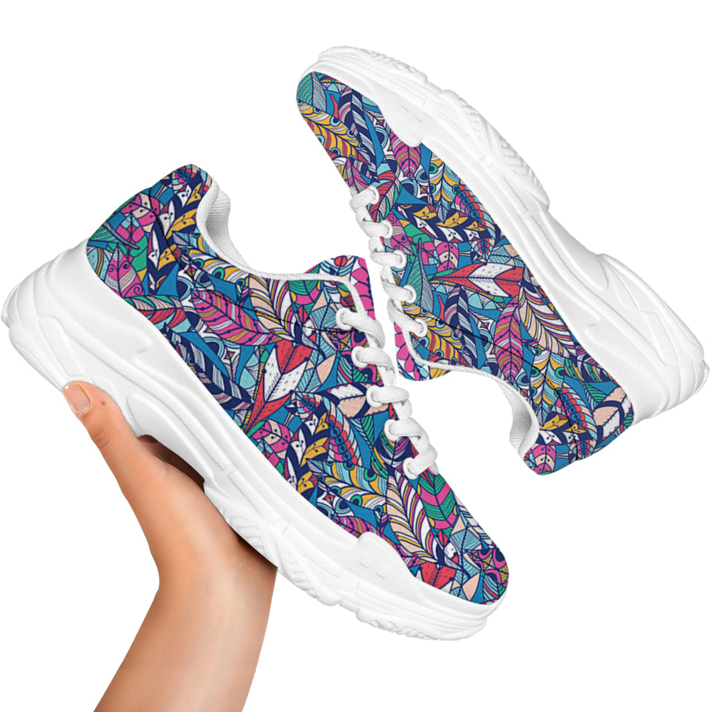 Boho Feather Pattern Print White Chunky Shoes