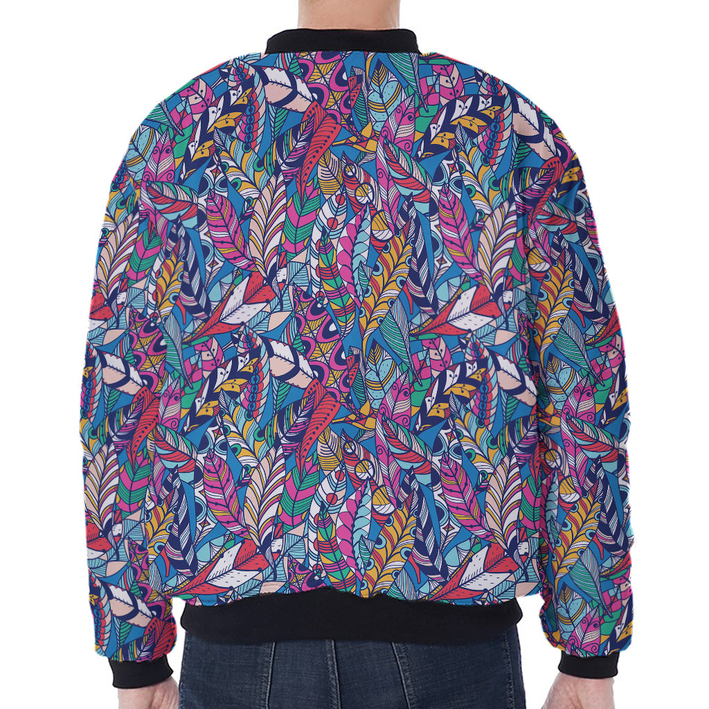 Boho Feather Pattern Print Zip Sleeve Bomber Jacket
