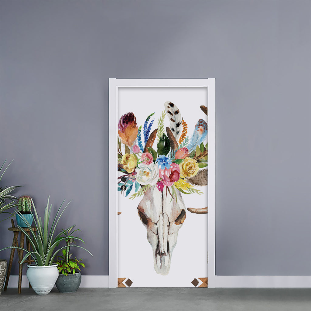 Boho Floral Deer Skull Print Door Sticker