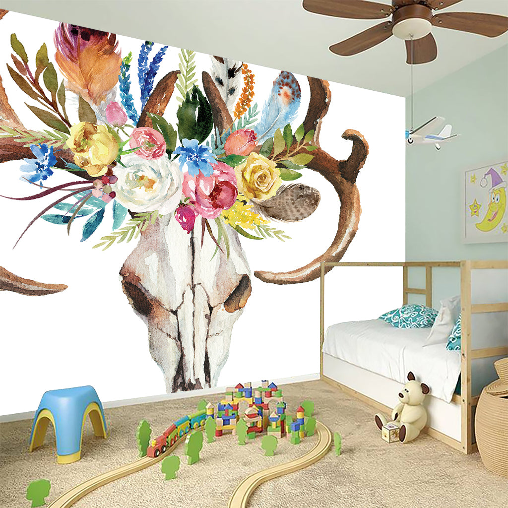 Boho Floral Deer Skull Print Wall Sticker