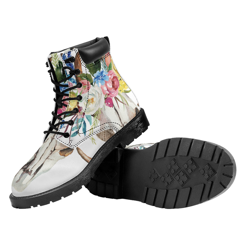 Boho Floral Deer Skull Print Work Boots