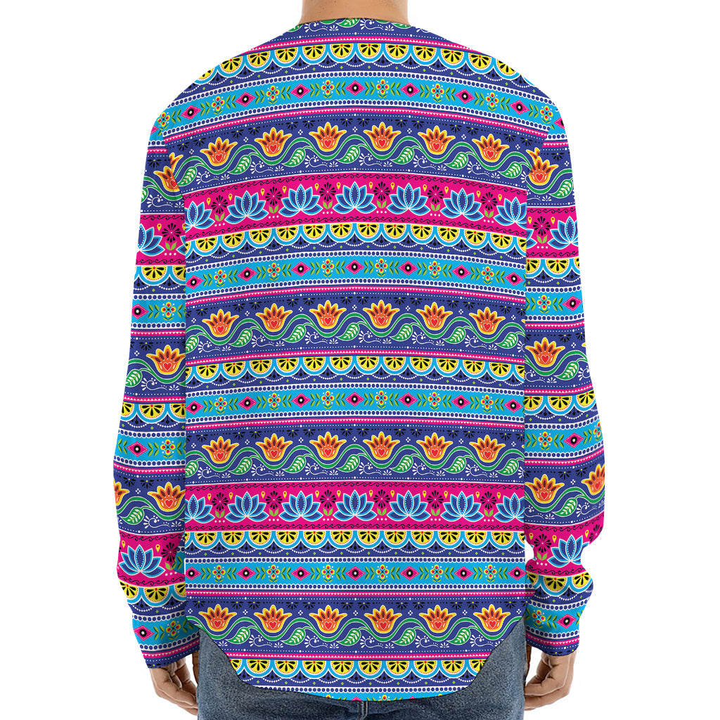 Boho Indian Lotus Pattern Print Long Sleeve Baseball Jersey