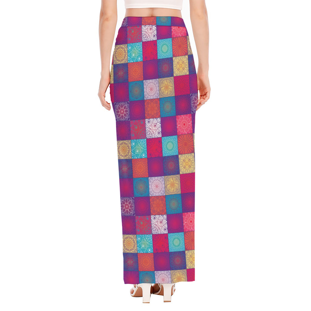 Boho Mandala Patchwork Pattern Print High Slit Maxi Skirt