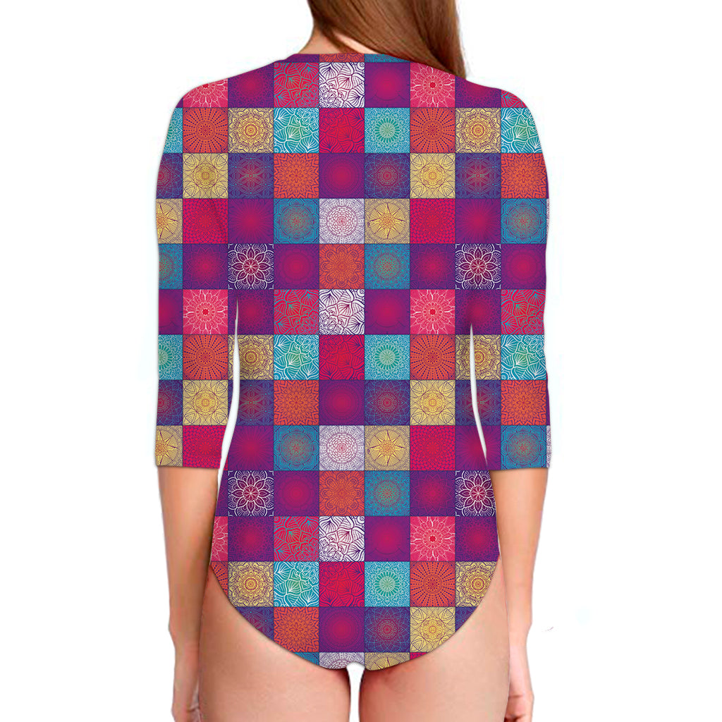 Boho Mandala Patchwork Pattern Print Long Sleeve Swimsuit