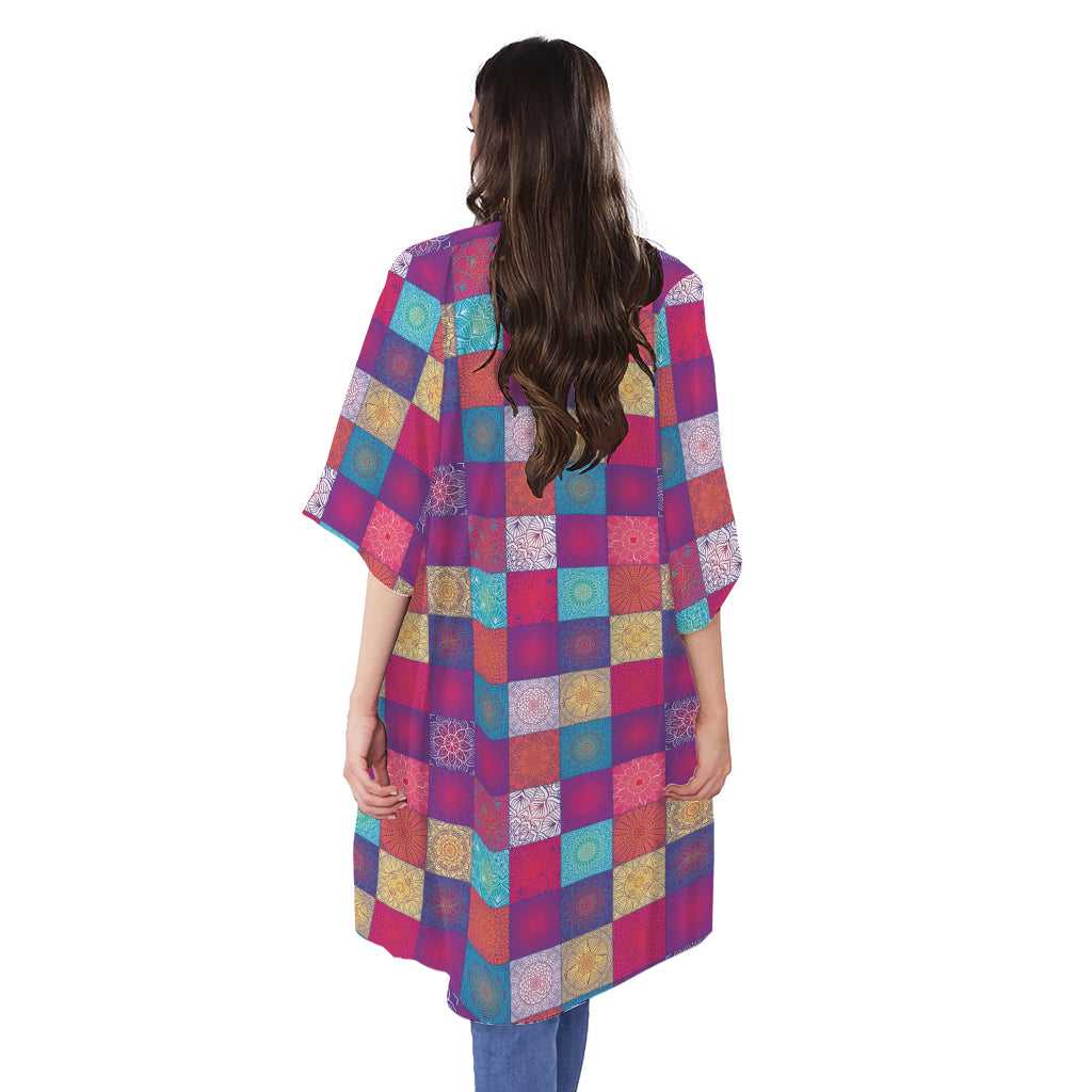 Boho Mandala Patchwork Pattern Print Open Front Beach Cover Up