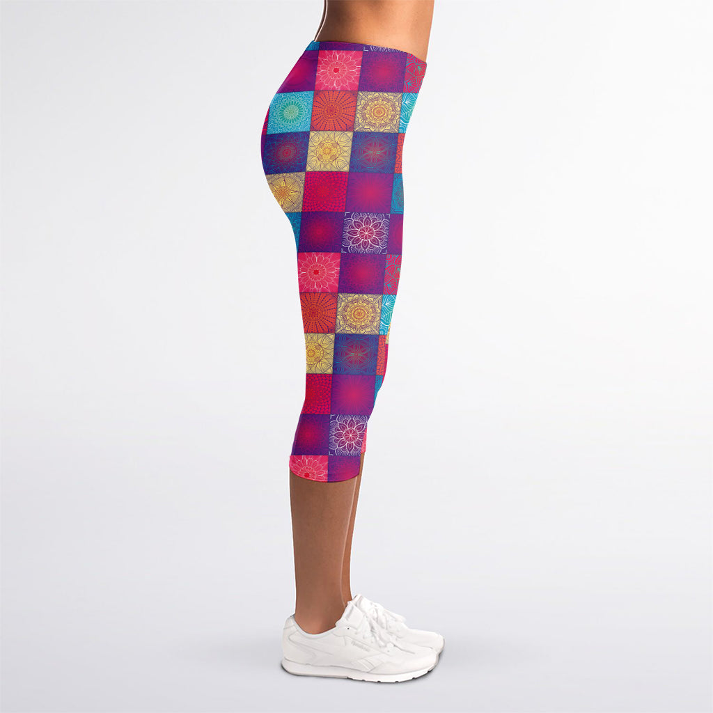 Boho Mandala Patchwork Pattern Print Women's Capri Leggings