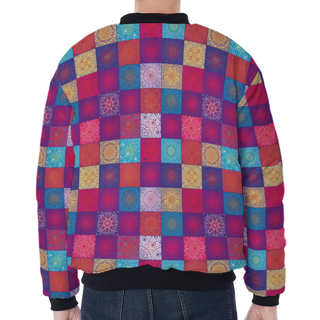 Boho Mandala Patchwork Pattern Print Zip Sleeve Bomber Jacket