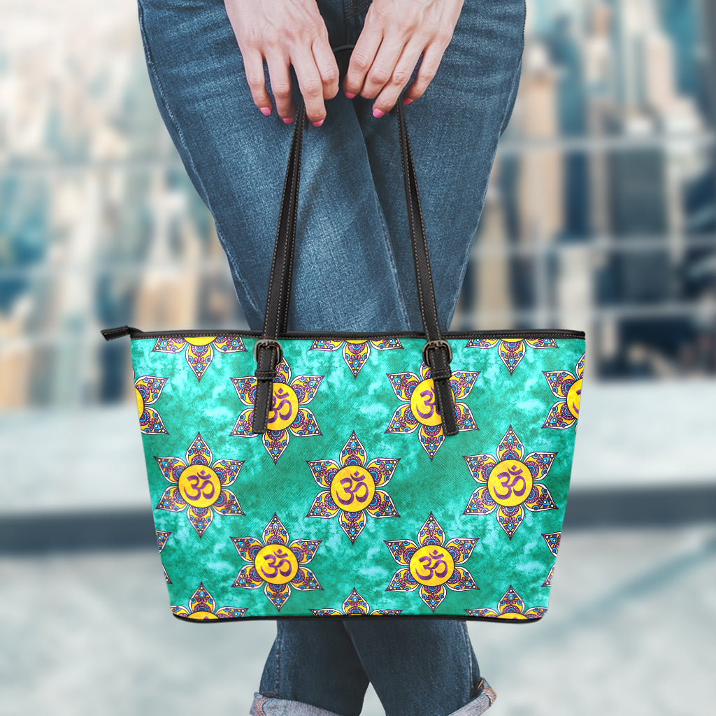 Boho Om Sign Pattern Print Leather Tote Bag