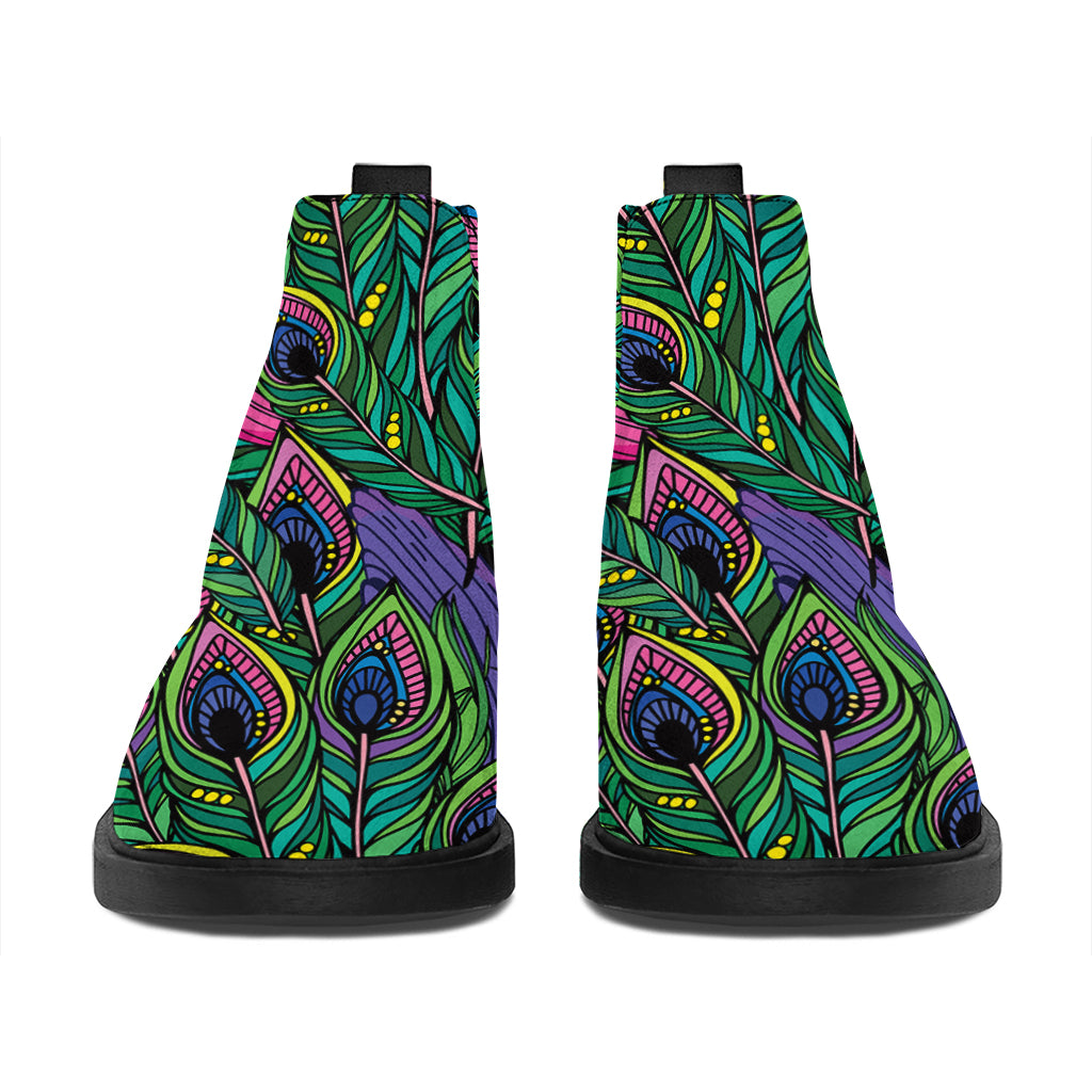 Boho Peacock Feather Pattern Print Flat Ankle Boots