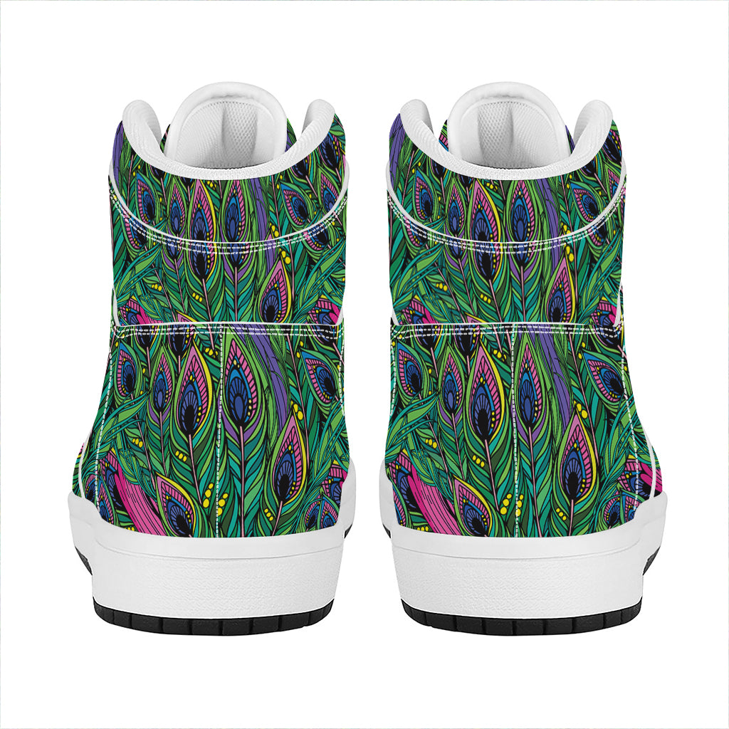Boho Peacock Feather Pattern Print High Top Leather Sneakers