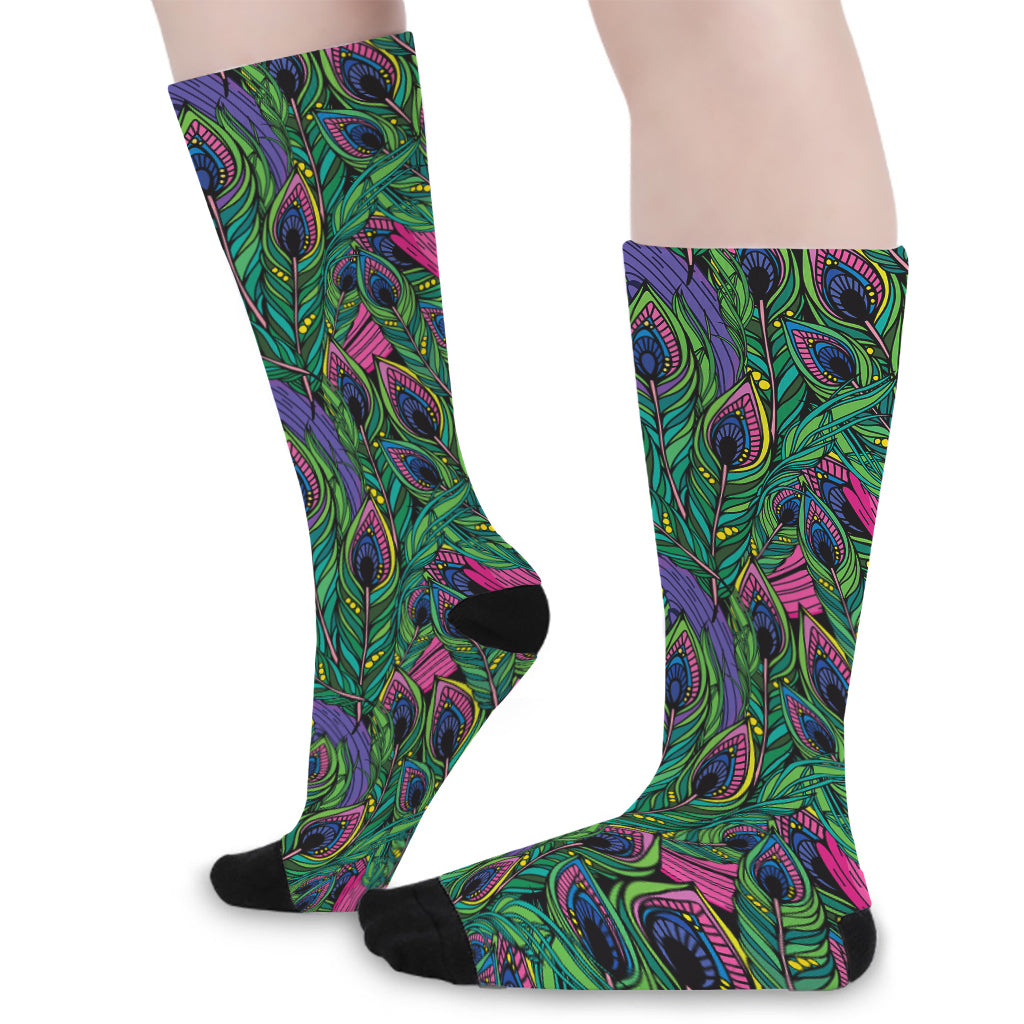 Boho Peacock Feather Pattern Print Long Socks