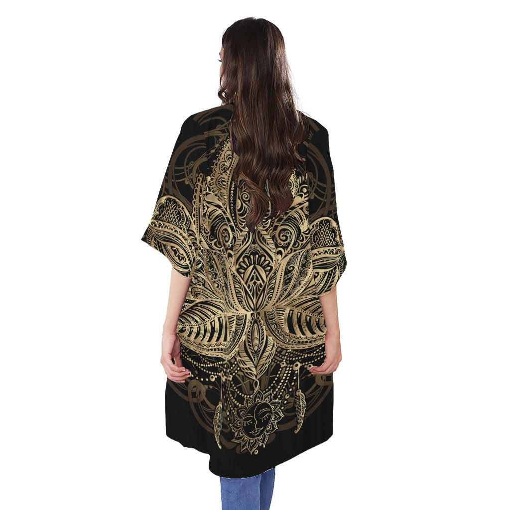 Boho Spiritual Lotus Print Open Front Beach Cover Up