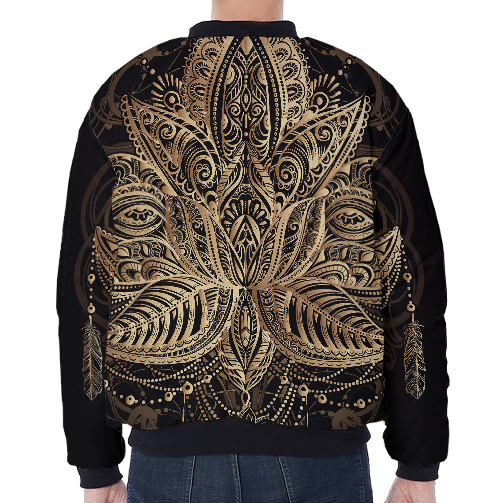 Boho Spiritual Lotus Print Zip Sleeve Bomber Jacket