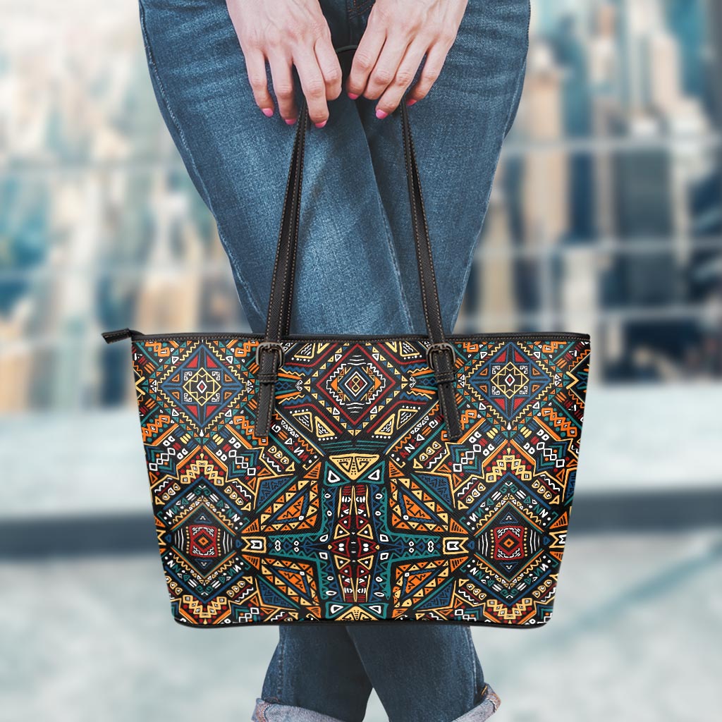 Boho Tribal Aztec Pattern Print Leather Tote Bag