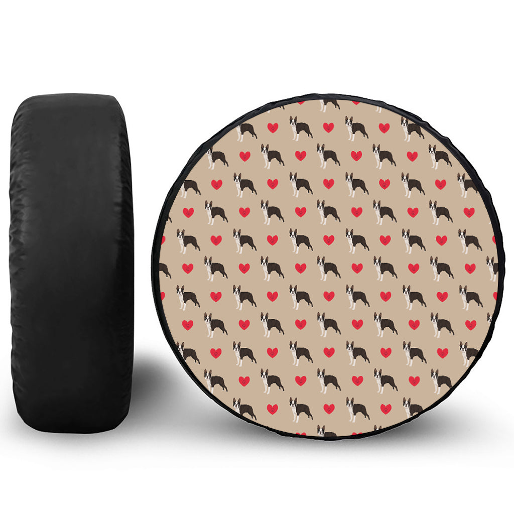 Boston Terrier Heart Pattern Print Leather Spare Tire Cover
