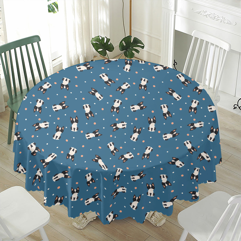 Boston Terrier With Glasses Print Waterproof Round Tablecloth